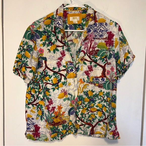Maeve Anthropologie Classic Surf Shirt Linen Lemons Open Split Back Size S - Picture 3 of 7